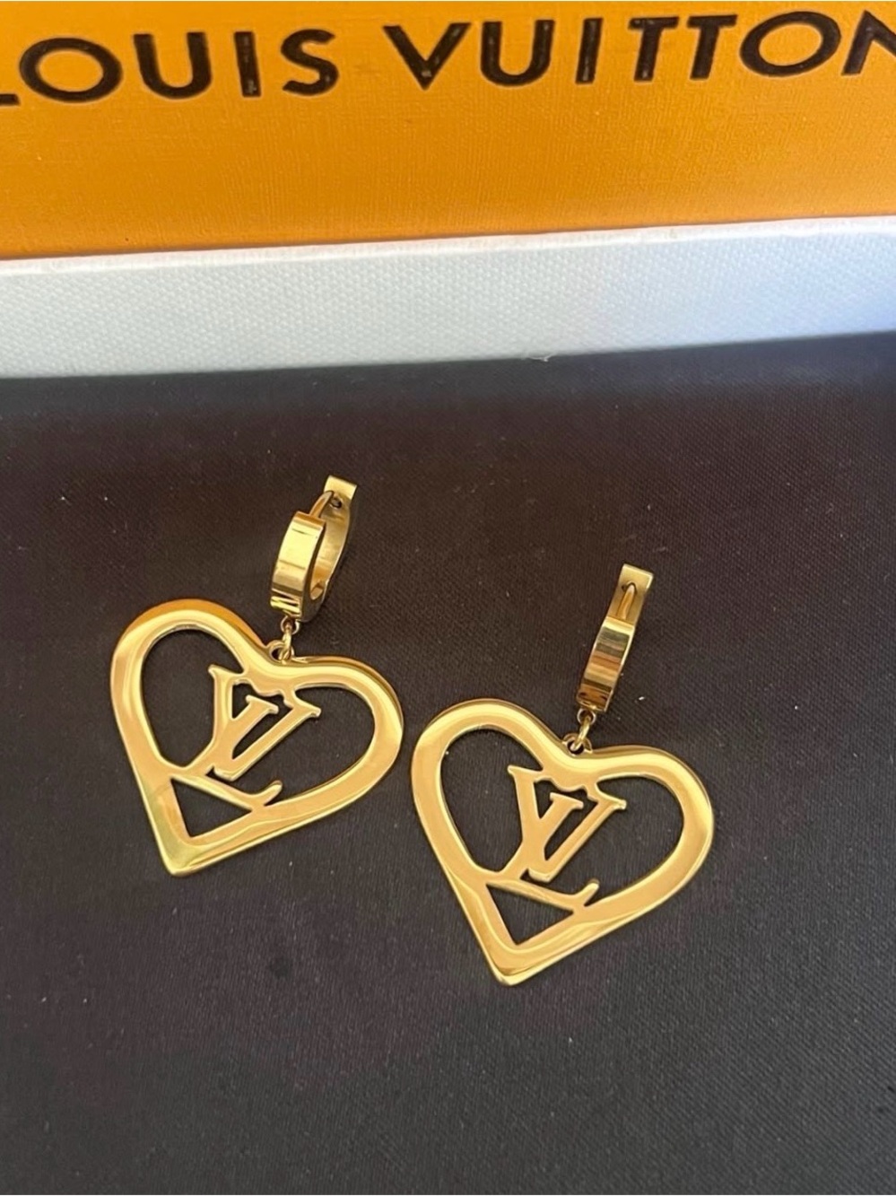 Designer Inspired Lulu Gold Heart Logo Dangle Earrings